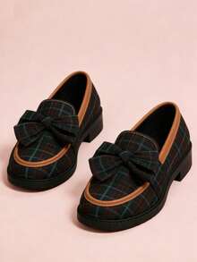 Women's Plaid Bow Decor Loafers, College Style - Dark Green - View 4