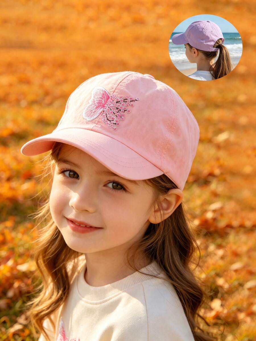 Mũ lưỡi trai thêu hình bướm, thoáng khí, nhanh khô dành cho bé gái, thiết kế có lỗ buộc tóc đuôi ngựa. - 1PC - Xem 1
