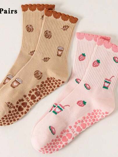 6 Pairs/3 Pairs/1 Pair Girls Yoga Socks, Non-Slip Pilates Socks, Cute Strawberry Cake Pattern Lace Trim Socks, Soft Breathable Mid-Calf Sports Socks, Versatile For Yoga, Pilates, Dance, Fitness, All Seasons