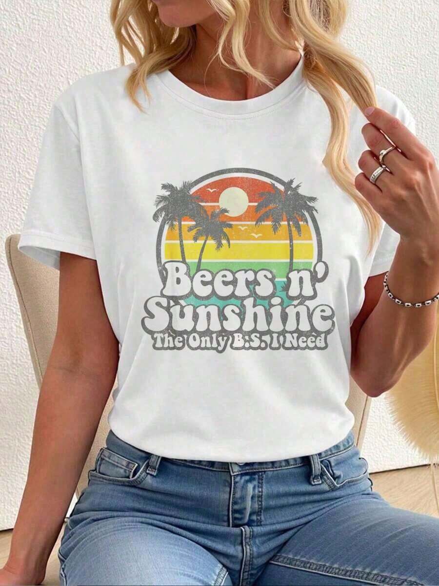You Had Me At Day Drinking Funny Retro Beach Summer Gift Women'Casual Short Sleeve Crew Neck T-Shirts,Women Summer Casual Graphic T-Shirt - 白2 - 查看 1