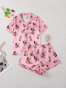 Disney 2 Pieces Pajama Set, Cute Pink Mickey Mouse Pattern Short Sleeve Shorts Sleepwear Set, Suitable For Spring/Summer Loungewear - Pink - View 1