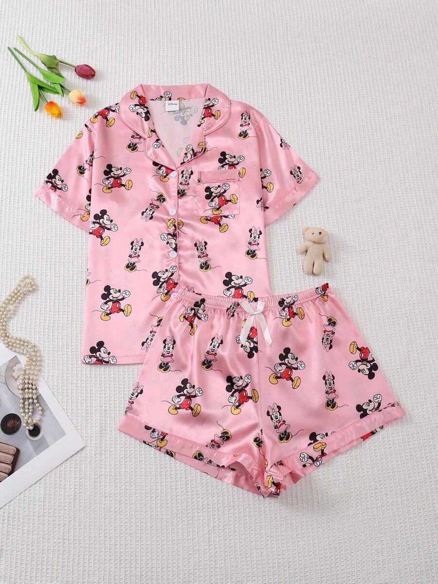 Disney 2 Pieces Pajama Set, Cute Pink Mickey Mouse Pattern Short Sleeve Shorts Sleepwear Set, Suitable For Spring/Summer Loungewear - Pink - View 1