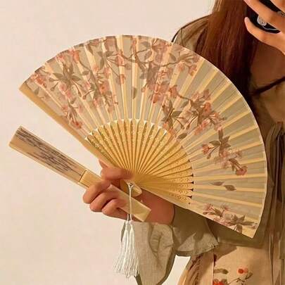 1pc/3pcs Set Bamboo Folding Fans, Chinese Style Small Fans, Tassel Flower Props, Ancient Costume Dance Bamboo Fans, Elegant & Comfortable, Luxurious Style