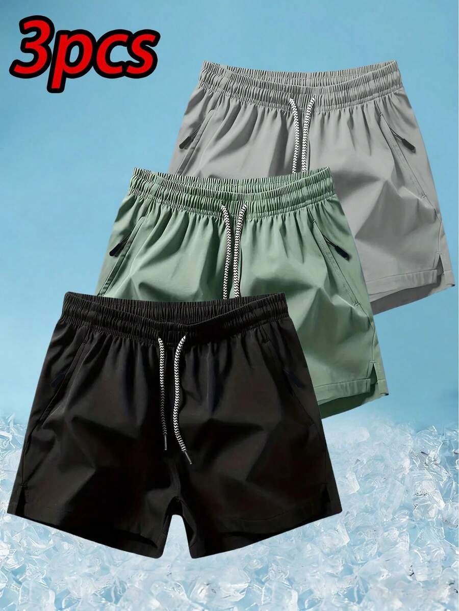 3pcs/Set Boys' Solid Color Breathable Drawstring Waist Casual Sports Shorts, Summer - Black - View 1