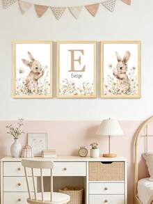 3pcs Customized Name Art Poster, Personalized Rabbit, Floral Wall Art, Dopamine Picture, Room Decor For Girls Bedroom, Birthday Gift, Graduation Gift, Unframed, Home Harmony - Multicolor - View 13