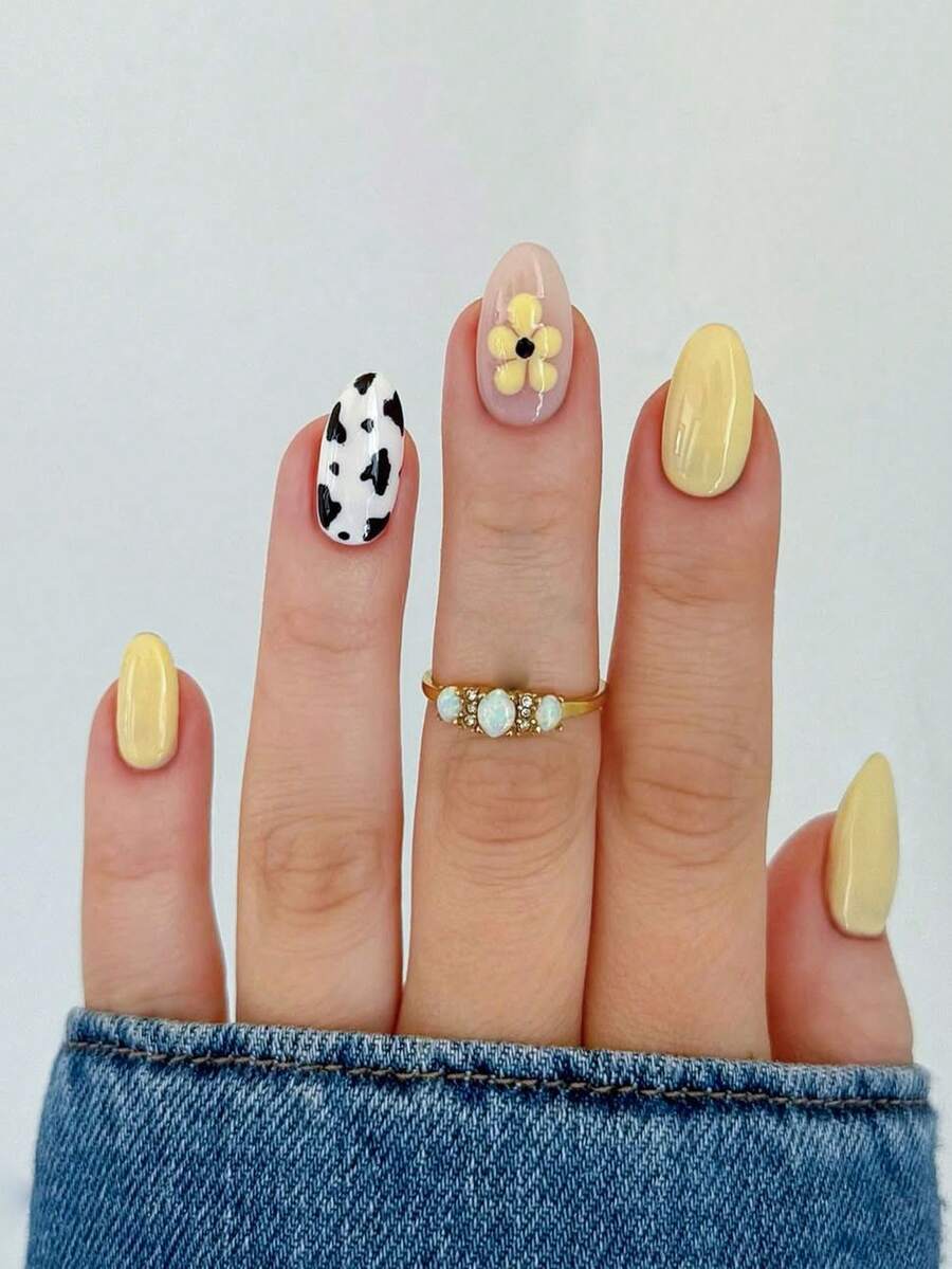 10pcs Handmade Short Almond Shaped Fake Nails, Creamy Yellow Color, Sweet Girl Style Summer Nails, Includes Nail Art Decorations And Tools, Easy To Apply And Remove, Suitable For Various Occasions