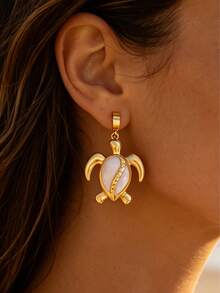 18K Gold Plated Enamel Sea Turtle Drop Earrings, Bohemian Style Gold Summer Beach Vacation Accessories, Stainless Steel Waterproof Beach Earrings (Multiple Enamel Colors Available) - Gold - View 14