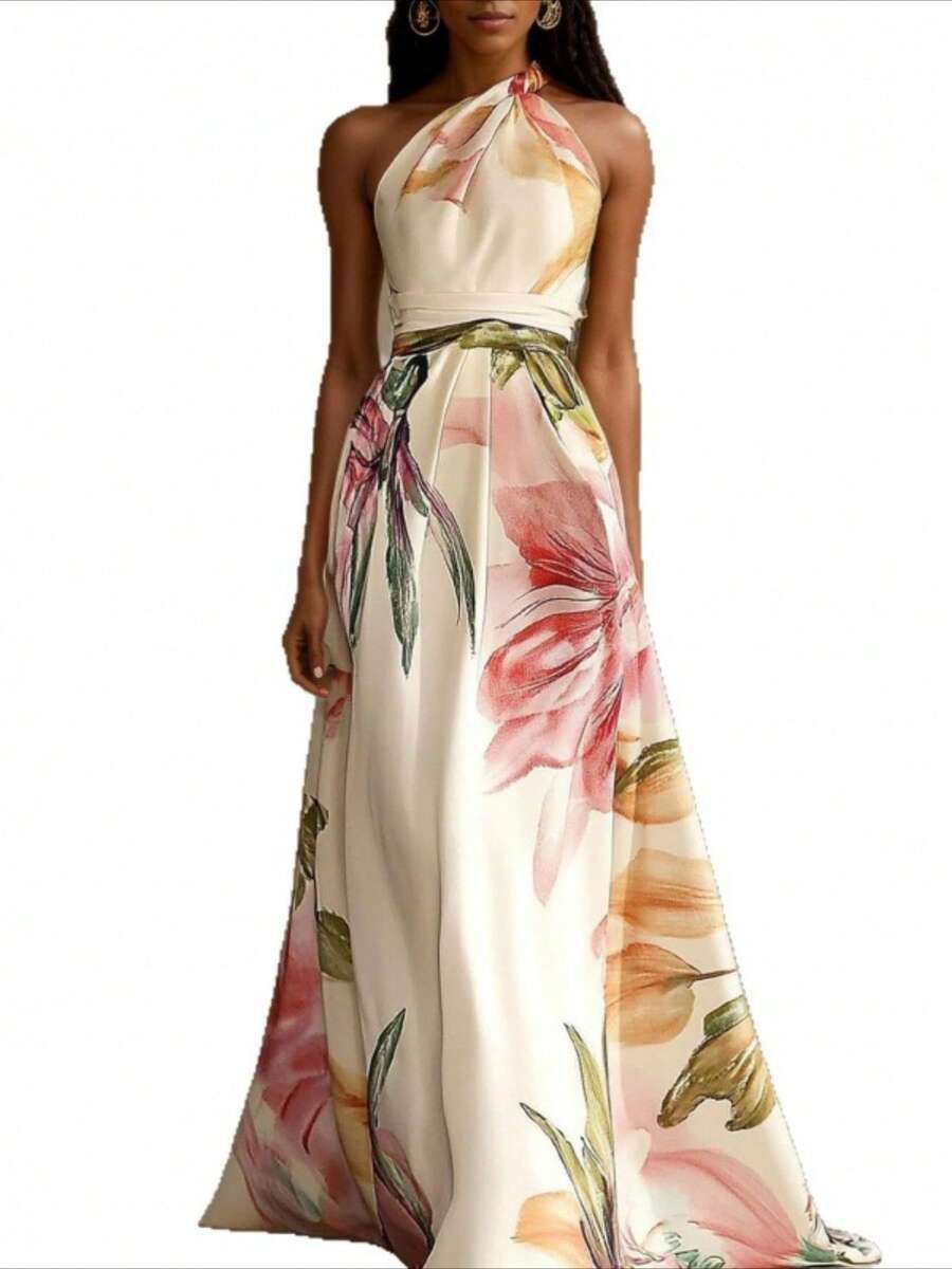 Temperament Women's Flower Pattern Slanted Shoulder Collar Long Skirt - 杏色 - 查看 1