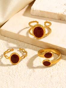3-teiliges elegantes geometrisches Ring-Set aus Edelstahl, 18K vergoldet, mit rotem Öltropfen-Herz und Blumen, geeignet für den täglichen Gebrauch von Frauen, Valentinstag - Bordeaux - Übersicht 7