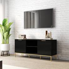 Modern TV Stand With Wave-Design Doors, Open Compartment And Adjustable Shelf, Stylish Functional Entertainment Center Storage Cabinet For Living Room Home Decor - Black+Gold - View 3