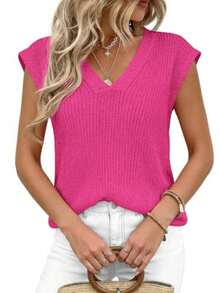 Women's Knit Sweaters Vest Lightweight Spring Cap Sleeve V Neck Tank Tops Summer Going Out Outfits - 玫紅色 - 查看 4