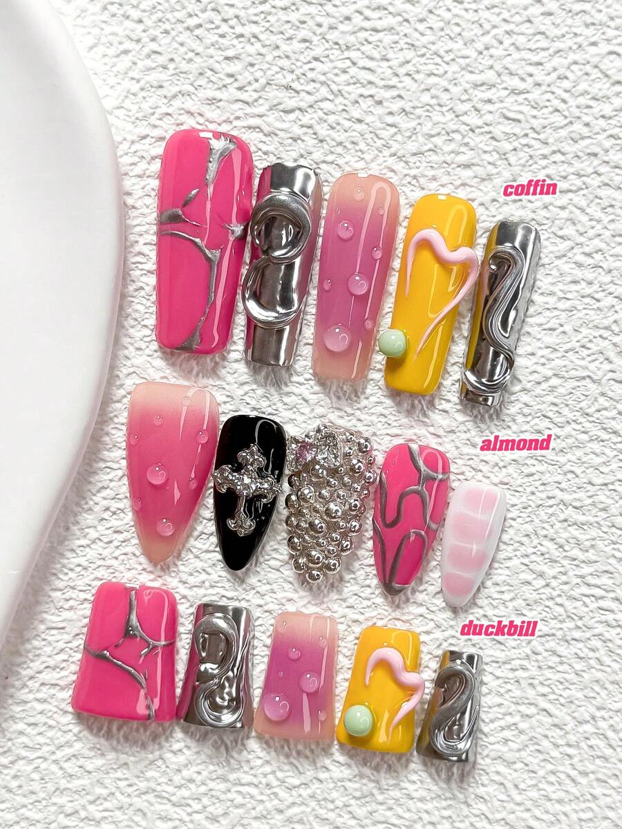 10件套Y2K风格手工美甲套装，包含浮雕美甲贴、十字架、蝴蝶结美甲装饰、条纹美甲配件、粉色、紫色和黄色指甲油，甜美与个性兼具，内含美甲工具（1张果冻贴+1把指甲锉），三种尺寸可选：杏仁形、鸭嘴形、棺材形美甲，适合派对、日常佩戴、拍照、春夏通勤等场合。 - 彩色 - 查看 1