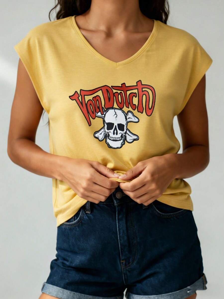Women's Casual Summer V-Neck Vest | Von D Skull Logo Print | Perfect For Daily Wear, Outdoor Leisure, Loungewear, Back-To-School Season, Mother's Day & More Summer Occasions  | Daily Gift. - 黃色 - 查看 1