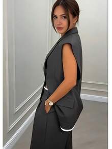 Elegant Women's Solid Color Sleeveless Splice Contrast Color Ribbed Pocket Zipper Button Office Suit Set, Suitable For Commuting And Casual Daily Wear - Dark Grey - View 2