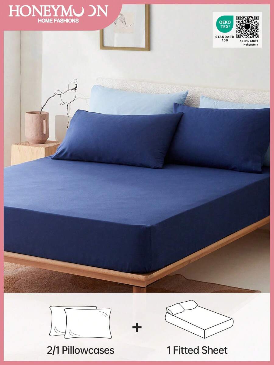 2/3pcs Solid Color Fitted Sheet, Mattress Protector, Mattress Cover, Deep Pocket Fitted Sheet, Soft & Breathable, Fits Twin, Full, Queen, King Size Beds - 14 Inch/35cm Deep Pocket, Oeko-Tex Certified - Navy Blue - View 1