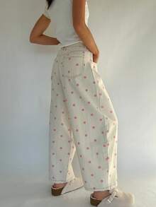 Pantalones vaqueros de mujer estilo barril con estampado de lunares, pantalones vaqueros sueltos de primavera, pantalones casuales holgados, pantalones de moda de pierna ancha - Rosa - Ver 4