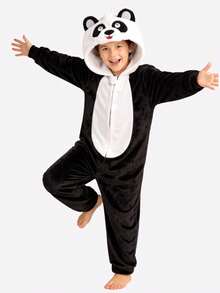 Kids' Unicorn Panda Bear Dino Costume Hooded Jumpsuit - 黑與白 - 查看 1