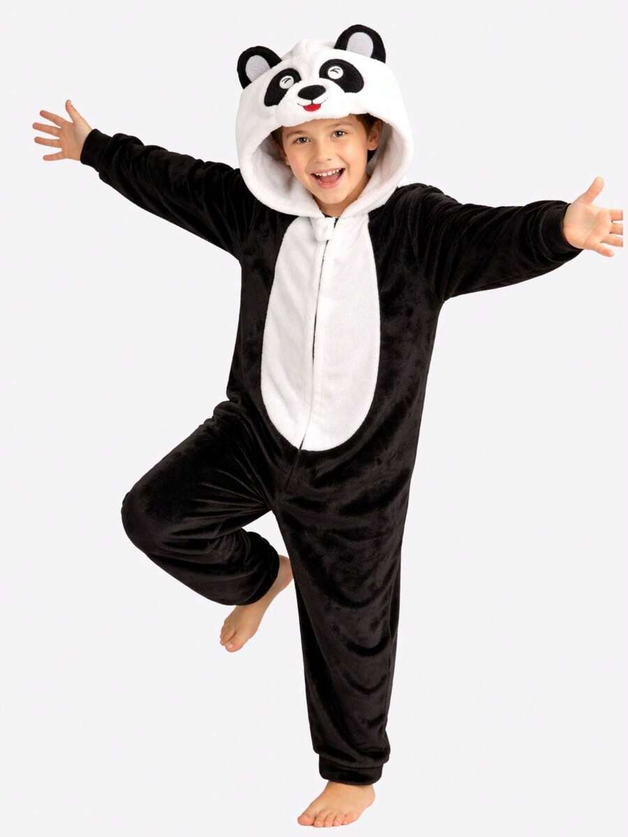Kids' Unicorn Panda Bear Dino Costume Hooded Jumpsuit - 黑與白 - 查看 1