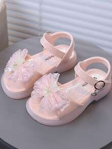 1 Pair Baby Girls' Sweet Mesh Bow Decor Children Sandals, Rhinestone Heart Decoration, Soft & Durable Sole - Pink - View 1
