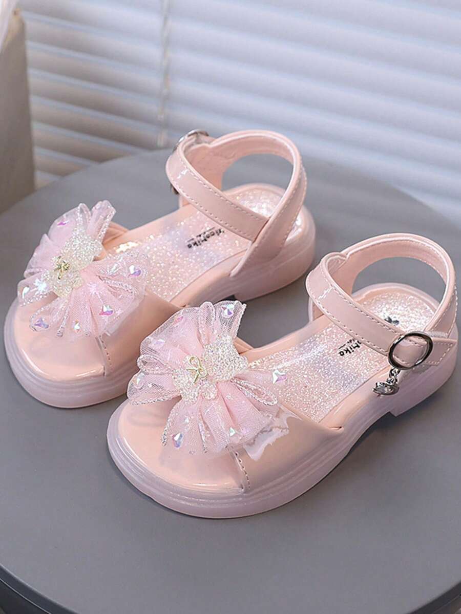 1 Pair Baby Girls' Sweet Mesh Bow Decor Children Sandals, Rhinestone Heart Decoration, Soft & Durable Sole - Pink - View 1