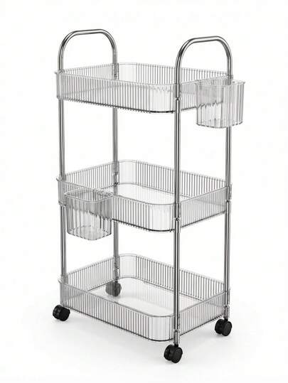 1个家用透明可移动化妆品推车收纳架，大容量多功能浴室用品展示架，浴室配件