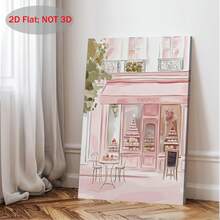 2D Flat, 1pc 2D Wooden Frame Canvas Painting, Paris Patisserie Poster French Café Wall Art, Pink Bakery Illustration With Outdoor Table, Elegant Paris Print For Kitchen Or Dining Room, Holiday Gift, Beautiful Family Gift, Suitable For Bedroom - 有框架 - 查看 5
