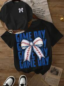 [Imágenes Frontales y Traseras]Camiseta de Mujer Ajustada con Estampado de Lazo de Béisbol - Diseño "Game Day" en Ambos Lados, Transpirable, Estilo Casual Urbano, Primavera y Verano, Lavable a Máquina, Camiseta de Moda de Verano |   Camisa decorada con pajarita |   Tela de alta calidad - Camiseta unisex de manga corta y cuello redondo de algodón suelto estilo vintage urbano - Negro - Ver 1