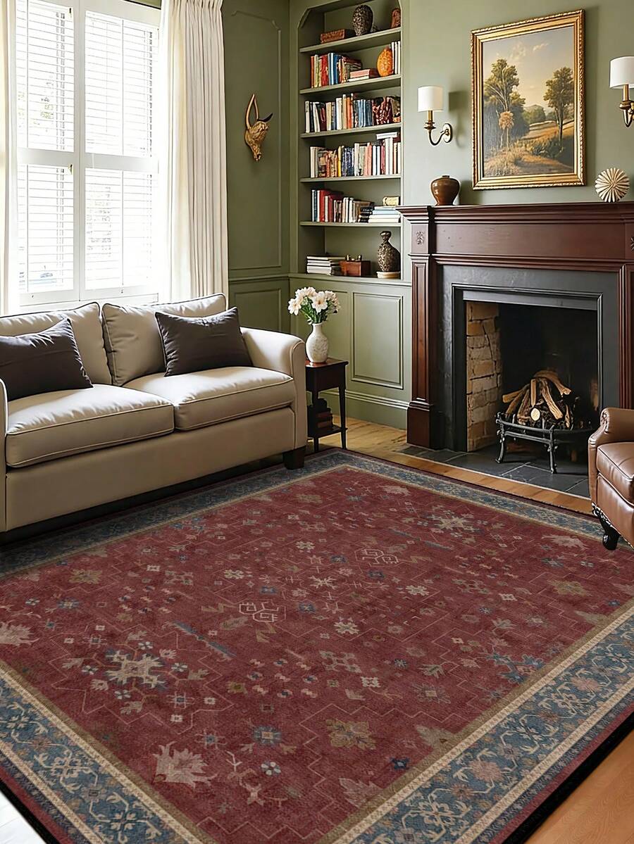 1pc Red Vintage Distressed Persian Style Rug, Polyester Fiber Rectangular Easy Care Machine Washable Carpet, Suitable For Hallway, Bedside, Living Room, Bedroom Home Decor Area Rug - Multicolor - View 1