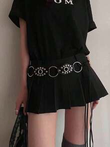 1pc Women's Black Round Buckle Pu Leather Belt With Rivet Detail Halloween Summer, School Fall, Autumn, Halloween - 1pcs - 查看 3