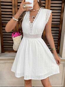 Frenchy Vestido corto casual elegante de mujer de unicolor con contraste de encaje y mangas farol - Blanco - Ver 1