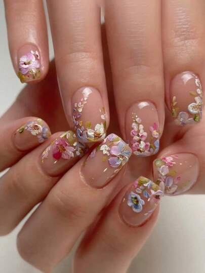 Bộ 24 miếng dán móng tay chủ đề Xuân/Hè, hình vuông, nhiều màu sắc, họa tiết hoa nổi, thích hợp cho các cô gái sành điệu, công sở, dự tiệc, hẹn hò, sử dụng hàng ngày và các dịp lễ hội.