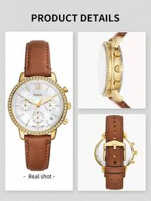 Women's Chronograph Gold Watch Mother of Pearl Dial Crystal Bezel Brown Leather Strap Japan Movement Luxury Ladies Quartz Wristwatch Gift for Her Wife Mom Sister Wedding Party Date Night Valentine Anniversary Elegant Boho Chic Dress Watch - 棕色 - 查看 6