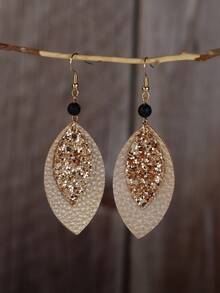 Vanel 1Pair Elegant Glitter Leaf Shape Leather Dangle Earrings For Women, Boho Statement Earrings, Fashion Jewelry, For Daily Wear & Party - Golden Yellow - Champagne - View 1