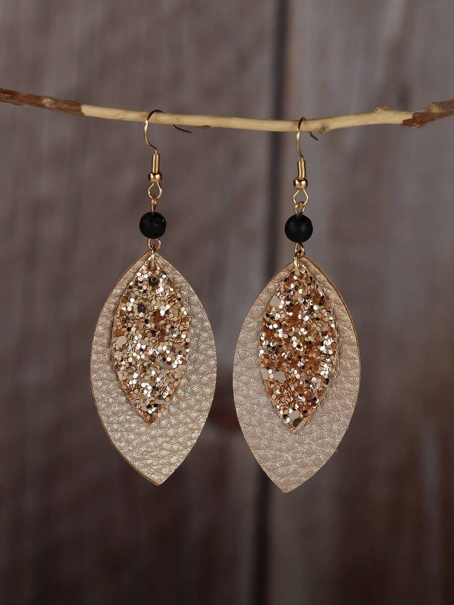 Vanel 1Pair Elegant Glitter Leaf Shape Leather Dangle Earrings For Women, Boho Statement Earrings, Fashion Jewelry, For Daily Wear & Party - Golden Yellow - Champagne - View 1