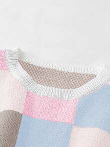 Blusa corta a cuadros de colores para mujer Marysol, de cuello redondo y manga corta, jersey de punto de colores contrastantes con mangas de murciélago, estilo casual y de moda, para primavera/verano/otoño/invierno - Multicolor - Ver 7