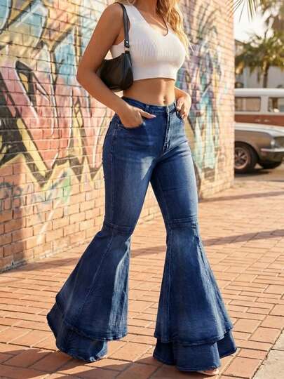 CALEBGAR Women's 70s Retro Bell Bottom Jeans: High Waisted Layered Ruffle Hem Flare Denim Pants