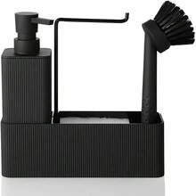 4-In-1 Kitchen Soap Dispenser Set - Dish Soap Dispenser, Brush, Sponge Holder, Towel Rack (Striped Black), Cleaning Liquid Refillable Bottle With Brush, Sponge, Towel Rack - Pure Black Style - View 3