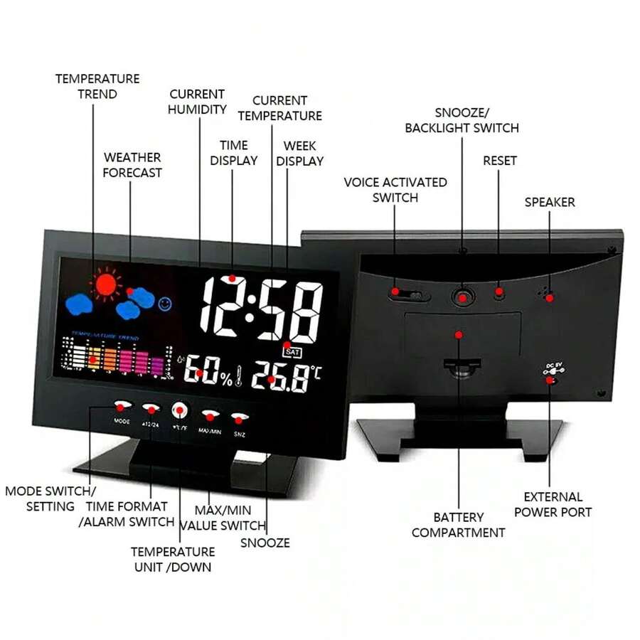 Auto Set Digital Alarm Clock | Color Display LCD Screen With Snooze Calendar Thermometer Hygrometer Weather Display | Large Digits LED, Easy To Read - Perfect For Nightstand Or Desk Decor Christmas Gift Bags - Black 1pc - View 1