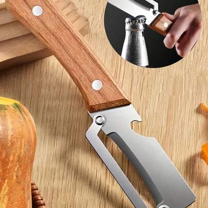 2 piezas Pelador de verduras y patatas multifunción con abridor de botellas, cuchilla afilada de acero inoxidable, pelador de frutas con mango de madera natural ergonómico, herramienta de cocina profesional para pelar verduras y abrir botellas de cerveza