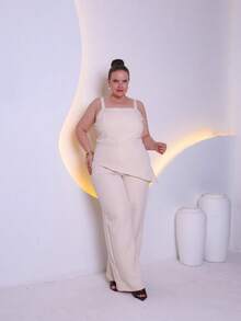 Women's Plus Size Tailored Set Consisting Of A Blouse And Wide-Leg Trousers C3090-2 - 米色 - 查看 5