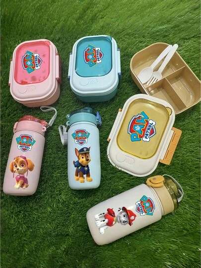  2 Stück/Set Paw Patrol Sport Plastik Wasserflasche und Lunchbox mit süßem Cartoon Charakter 420 ml, blau, pink, gelb für Outdoor-Aktivitäten, Camping, Autofahren, Geburtstags- und Weihnachtsgeschenke, Fitness-Enthusiasten (einige Teile können zufällig sein)