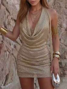 Women's Summer New Y2K Glam Gold Spaghetti Strap Bodycon Mini Dress, Sexy Backless Slip Dress, Suitable For Daily Dates, Beach Vacation, Cocktail Party, Graduation Ceremony, Outing, Pool Party - Khaki - View 2