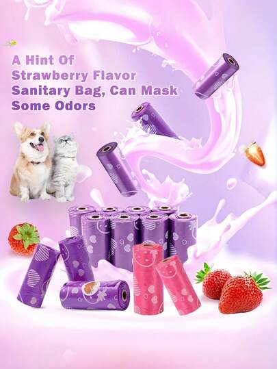 Cute Strawberry Pattern Dog Poop Bag Roll, 2 Colors (Pink/Purple), Leak-Proof Thick Plastic, Large Pack Easy Tear, Powerful Odor Removal, Portable & Practical, Suitable For Pet Waste Disposal, Walking Dogs, Outdoor Cleaning, Perfect For Pet Owners