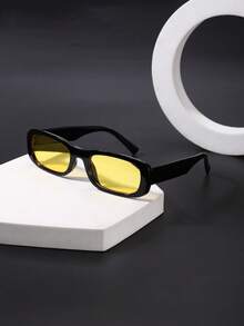 1 PC Men's Rectangular Fashion Glasses Classic Black Polycarbonate Frame Gray And Yellow Lens Casual Style Lightweight Suitable For Daily Commute With Glasses Box - Multicolor - View 9