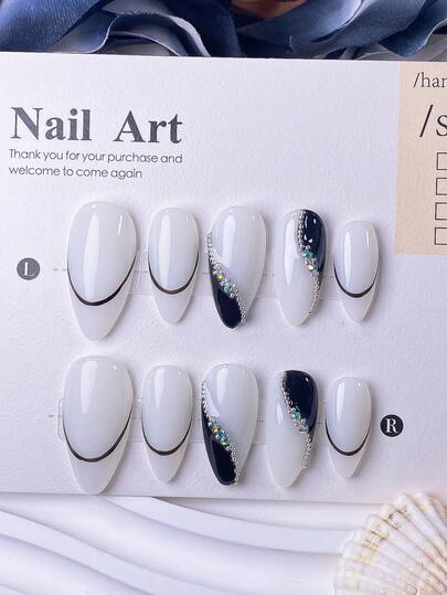 10 Móng Tay Giả Hình Hạnh Nhân Được Làm Thủ Công Với Đế Trắng Tinh Khiết, Viền Kiểu Pháp Màu Đen, Điểm Nhấn Bằng Hạt Thép Không Đồng Nhất Và Đá Quý, Phối Màu Đen Trắng, Cảm Giác Cao Cấp, Thời Trang Sang Trọng Nhẹ nhàng, Móng Tay Ấn Tượng Có Thể Đeo Và Tháo Nhanh/Móng Tay Giả Dán.