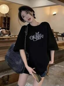 日系女式夏季宽松街头时尚狗狗图案印花短袖T恤 - 黑色 - 查看 3