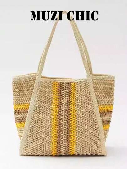 Yellow Straw Tote Bag, Woven Shoulder Bag For Beach, Travel & Summer Vacation, Perfect For Women, Moms & Students