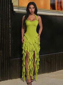 Jellyfish Ruffle Halter Sexy Dress, Graduation Gown - Green - View 1