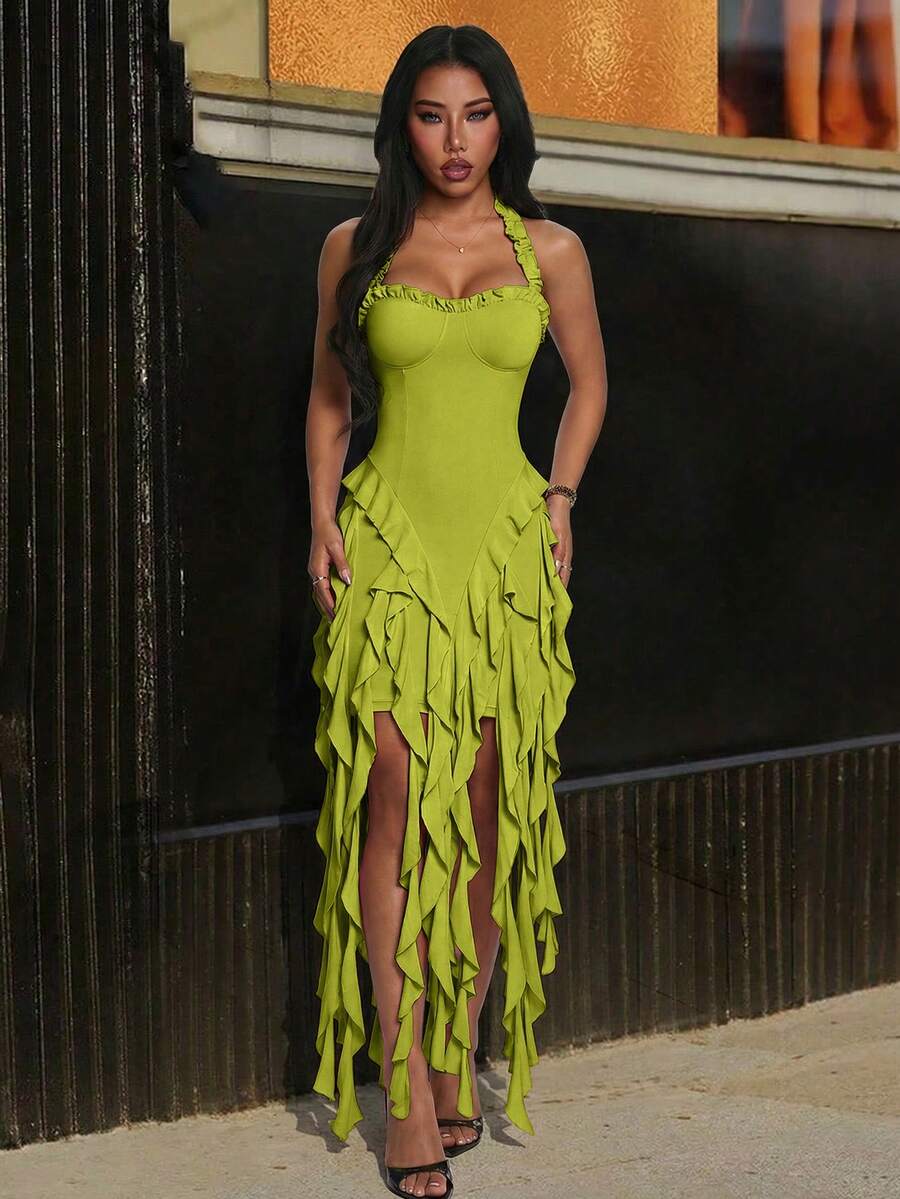 Jellyfish Ruffle Halter Sexy Dress, Graduation Gown - Green - View 1