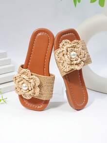 儿童拖鞋，女童休闲花朵拖鞋，中童及大童夏季公主平底拖鞋，防滑 - 杏色 - 查看 3